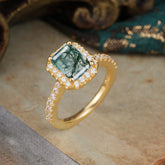 2 Carat Emerald Cut Moss Agate Engagement Ring Pave Halo Bridal Ring